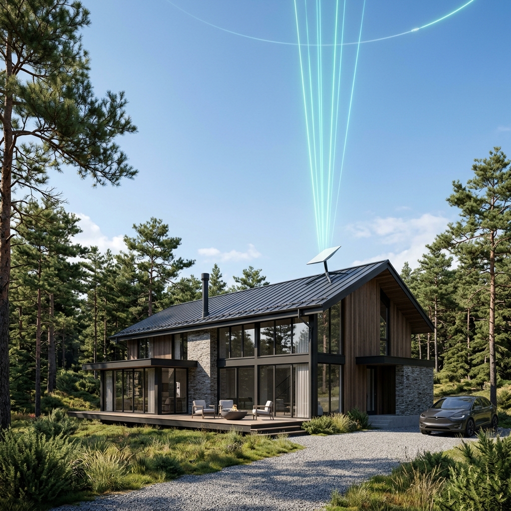 Connected rural house in forest with satellite dish